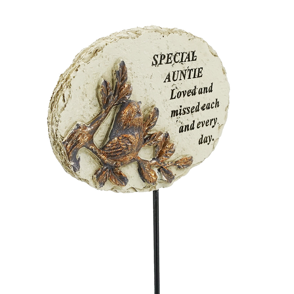 Special Auntie gold robin memorial tribute stick close up