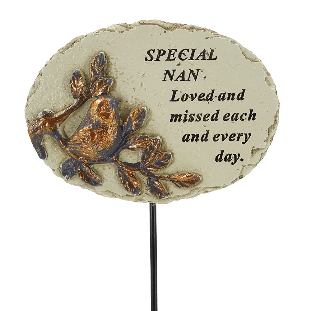 Special Nan gold robin oval memorial tribute stick