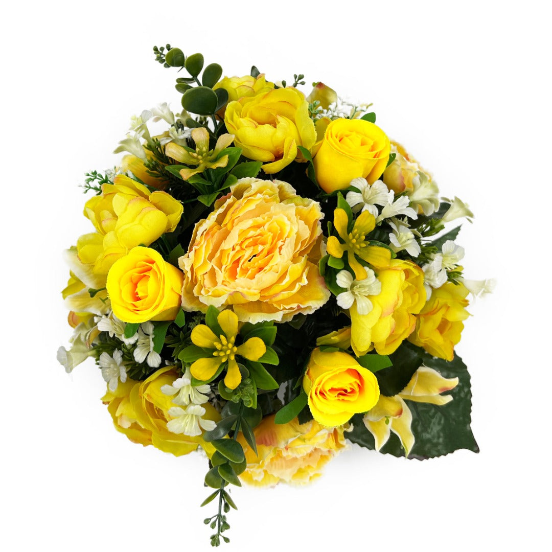 Yara yellow peony, rose and lily artificial grave arrangement front view