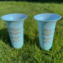 Load image into Gallery viewer, Set of 2 Baby Blue and Gold Forever in Our Hearts Fluted Spiked Memorial Grave Flower Vases