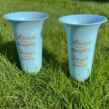 Load image into Gallery viewer, Set of 2 Baby Blue and Gold Forever in Our Hearts Fluted Spiked Memorial Grave Flower Vases