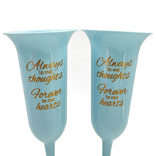 Load image into Gallery viewer, Set of 2 Baby Blue and Gold Forever in Our Hearts Fluted Spiked Memorial Grave Flower Vases