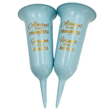 Load image into Gallery viewer, Set of 2 Baby Blue and Gold Forever in Our Hearts Fluted Spiked Memorial Grave Flower Vases