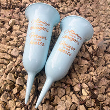 Load image into Gallery viewer, Set of 2 Baby Blue and Gold Forever in Our Hearts Fluted Spiked Memorial Grave Flower Vases