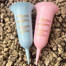 Load image into Gallery viewer, Baby Blue and Pink Set of 2 Forever in Our Hearts Fluted Spiked Memorial Grave Flower Vases