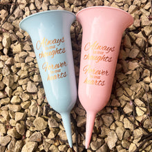 Load image into Gallery viewer, Baby Blue and Pink Set of 2 Forever in Our Hearts Fluted Spiked Memorial Grave Flower Vases