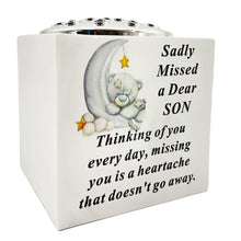Load image into Gallery viewer, Special Son Baby Boy Teddy Bear Moon Memorial Graveside Flower Vase Pot Holder