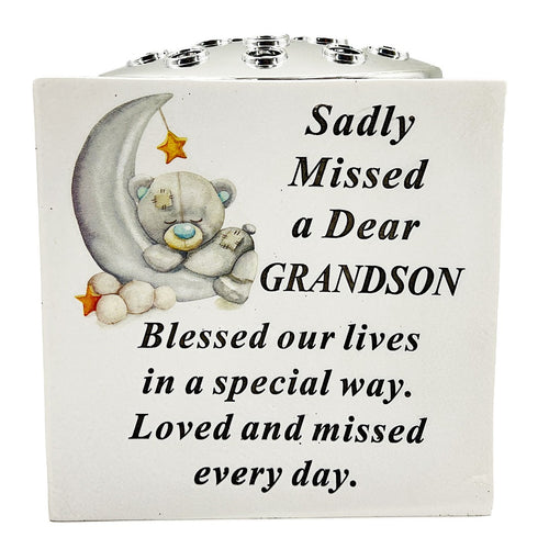 Special Grandson Baby Boy Teddy Bear Moon Memorial Graveside Flower Vase Pot Holder