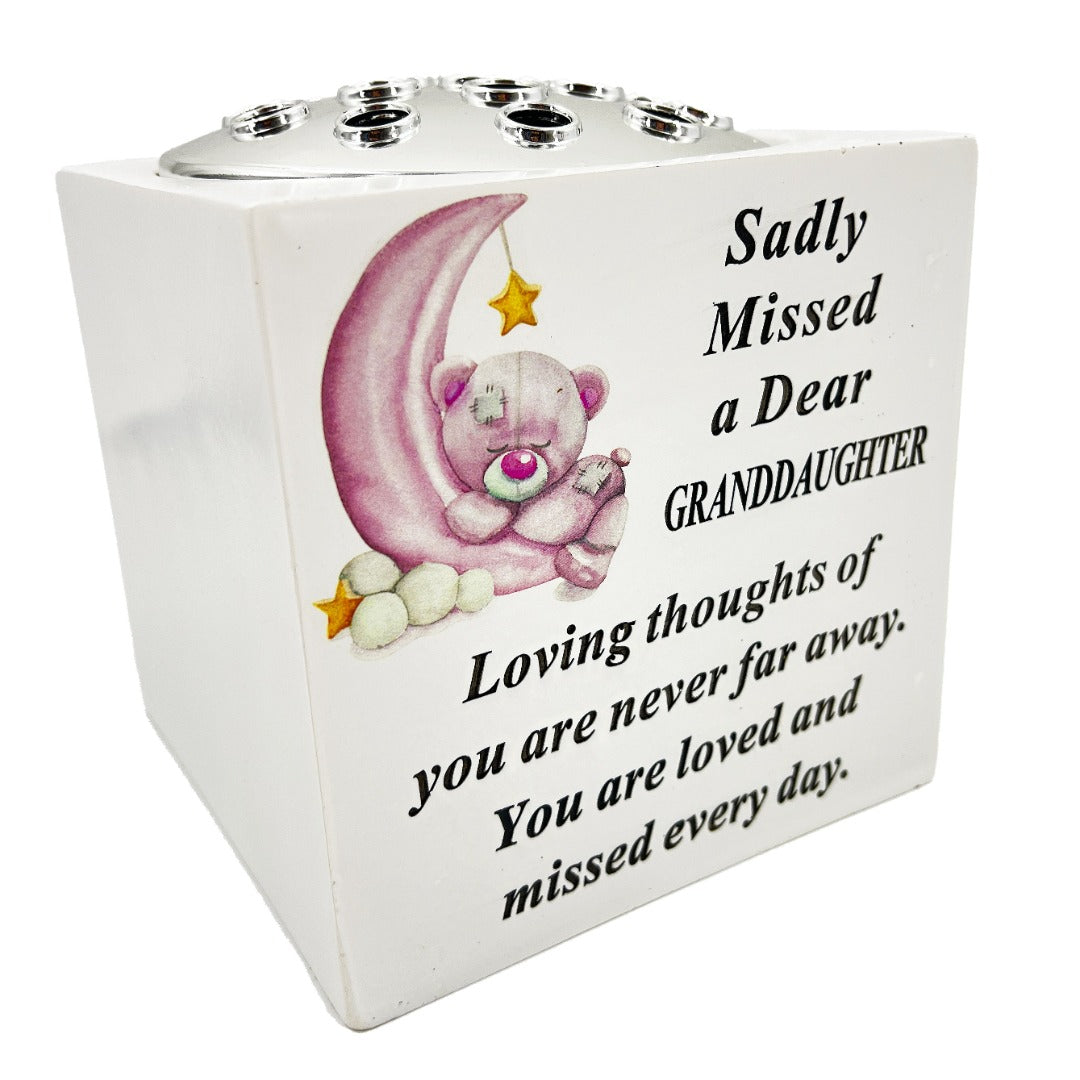 Special Granddaughter Baby Girl Teddy Bear Moon Memorial Graveside Flower Vase Pot Holder