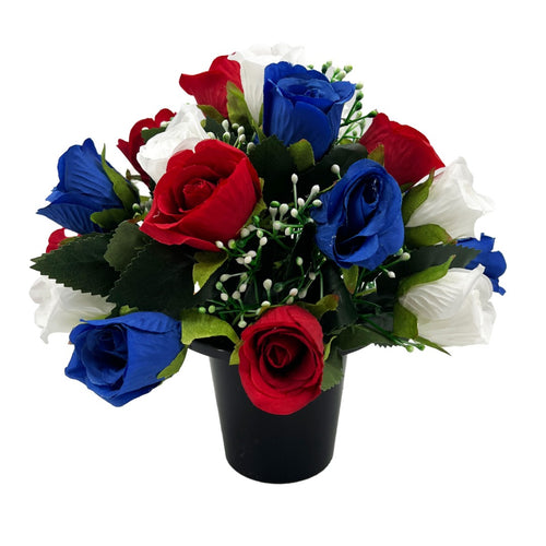 Ross Artificial Flower Graveside Pot with Red White Blue Rose Buds Cemetery Memorial Grave Arrangement