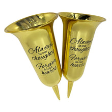 Load image into Gallery viewer, Set of 2 Gold Mirrored Mirror Forever in Our Hearts Fluted Spiked Memorial Grave Flower Vases
