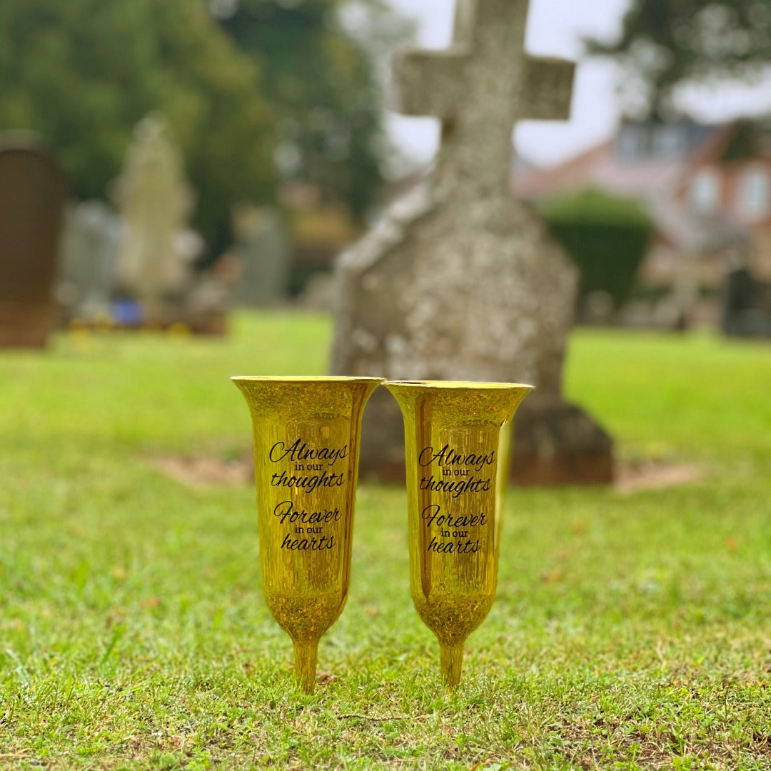 Set of 2 Gold Mirrored Mirror Forever in Our Hearts Fluted Spiked Memorial Grave Flower Vases