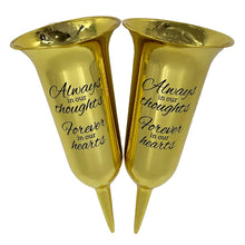 Load image into Gallery viewer, Set of 2 Gold Mirrored Mirror Forever in Our Hearts Fluted Spiked Memorial Grave Flower Vases