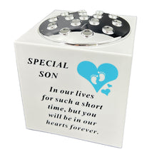 Load image into Gallery viewer, Special Son Blue Little Boy Baby Memorial Graveside Flower Vase Container White and Silver