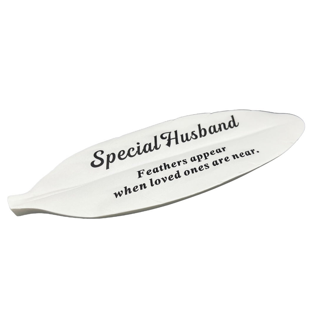 Special Husband white feather memorial plaque close up