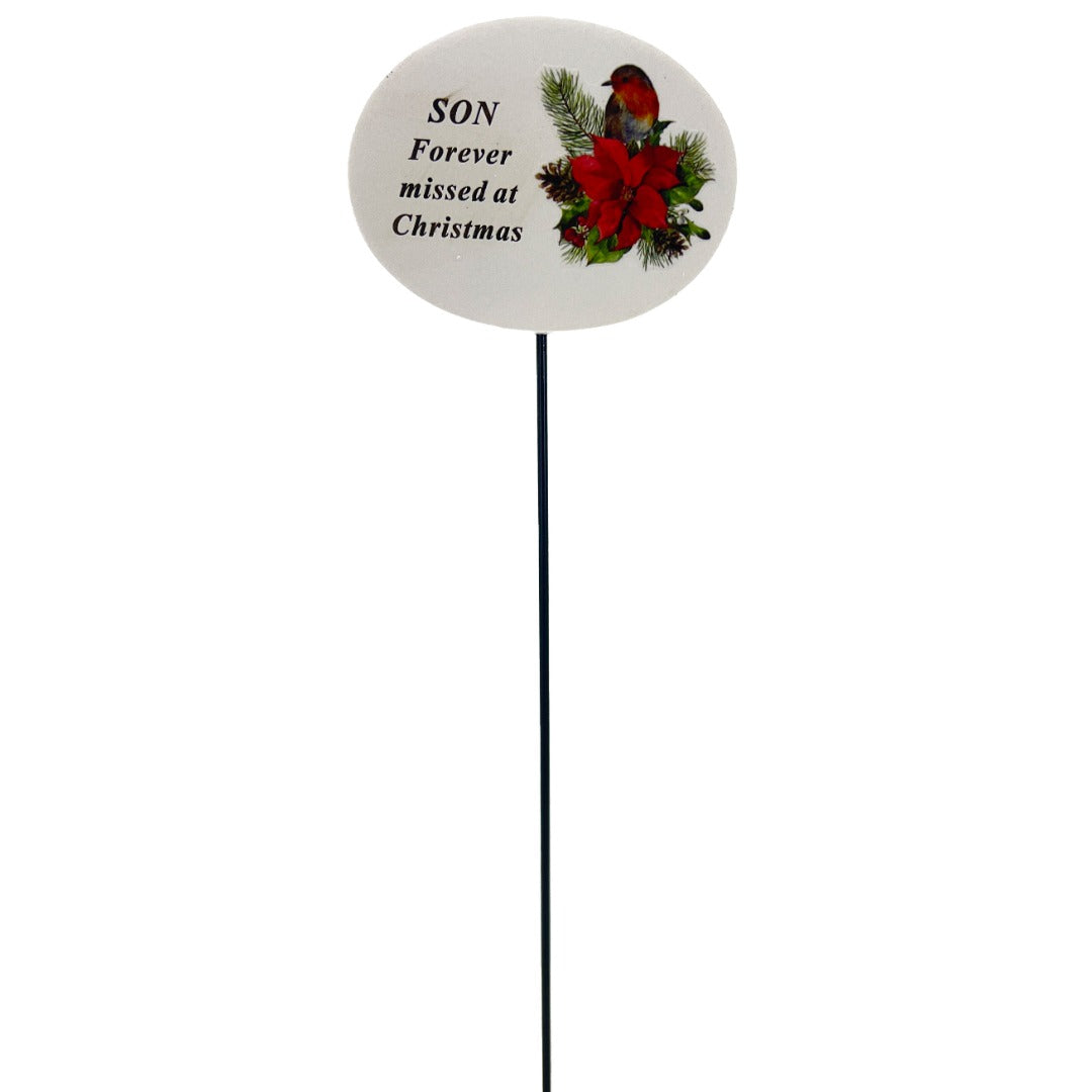 Son Christmas Xmas Robin Poinsettia Flower Memorial Tribute Stick Graveside Plaque