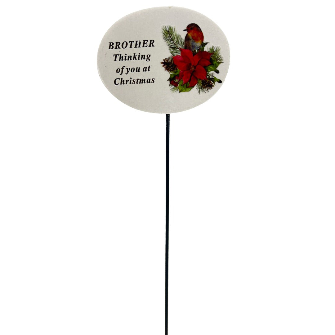 Brother Christmas Xmas Robin Poinsettia Flower Memorial Tribute Stick Graveside Plaque