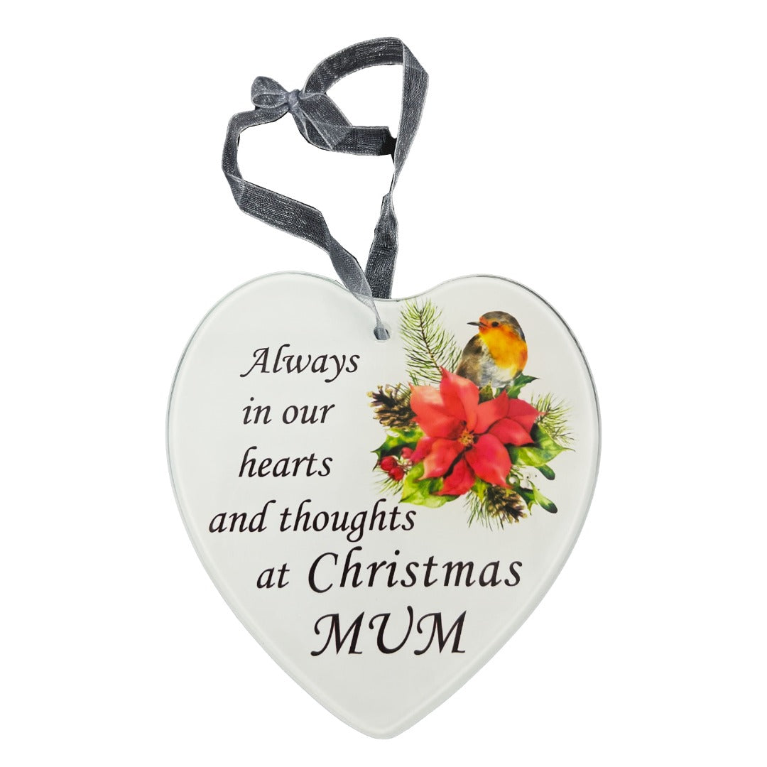 Dear Mum Christmas Robin Memorial Tree Hanger Hanging Decoration Glass Love Heart Plaque