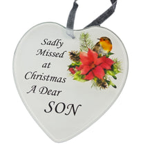 Load image into Gallery viewer, Dear Son Christmas Robin Memorial Tree Hanger Hanging Decoration Glass Love Heart Plaque
