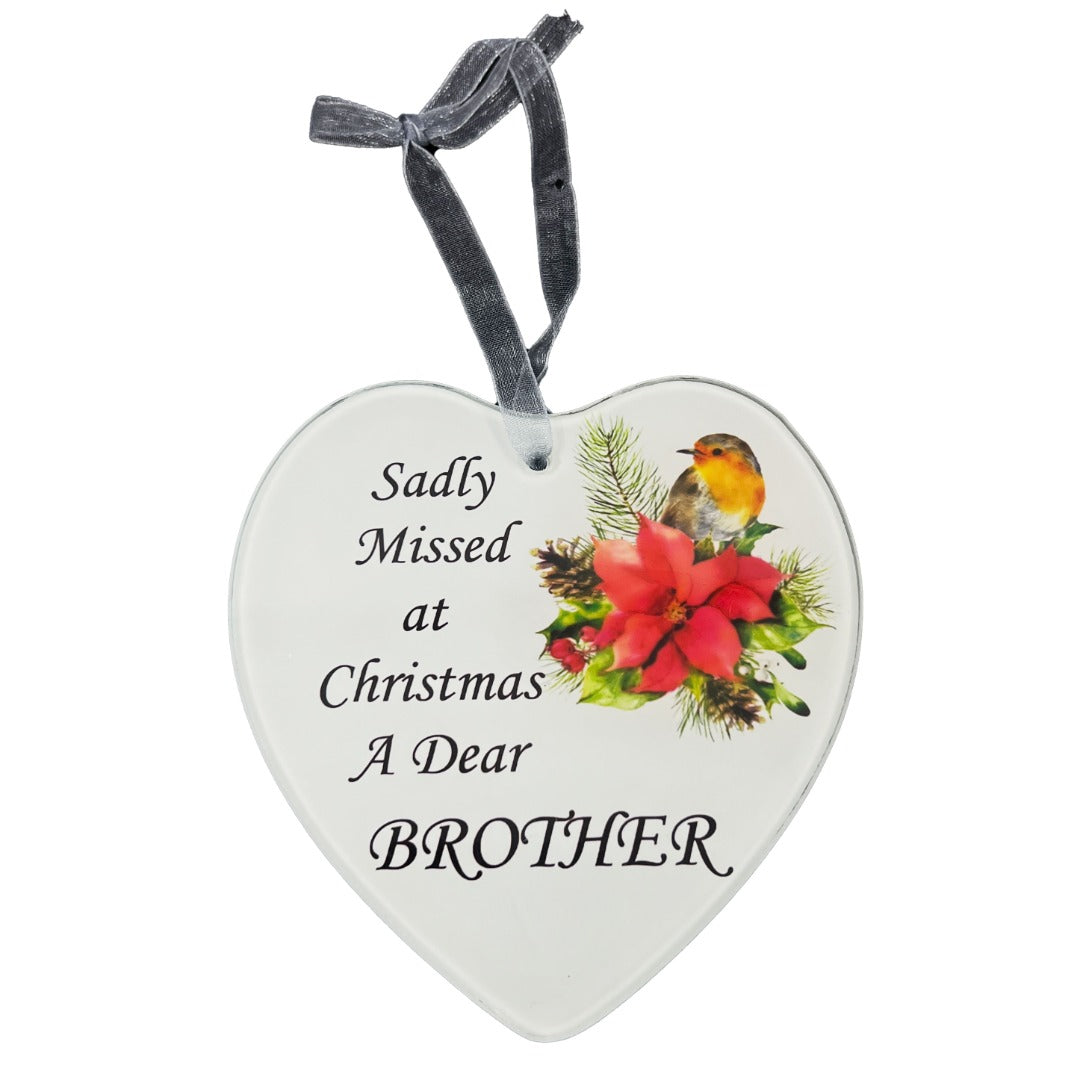 Dear Brother Christmas Robin Memorial Tree Hanger Hanging Decoration Glass Love Heart Plaque