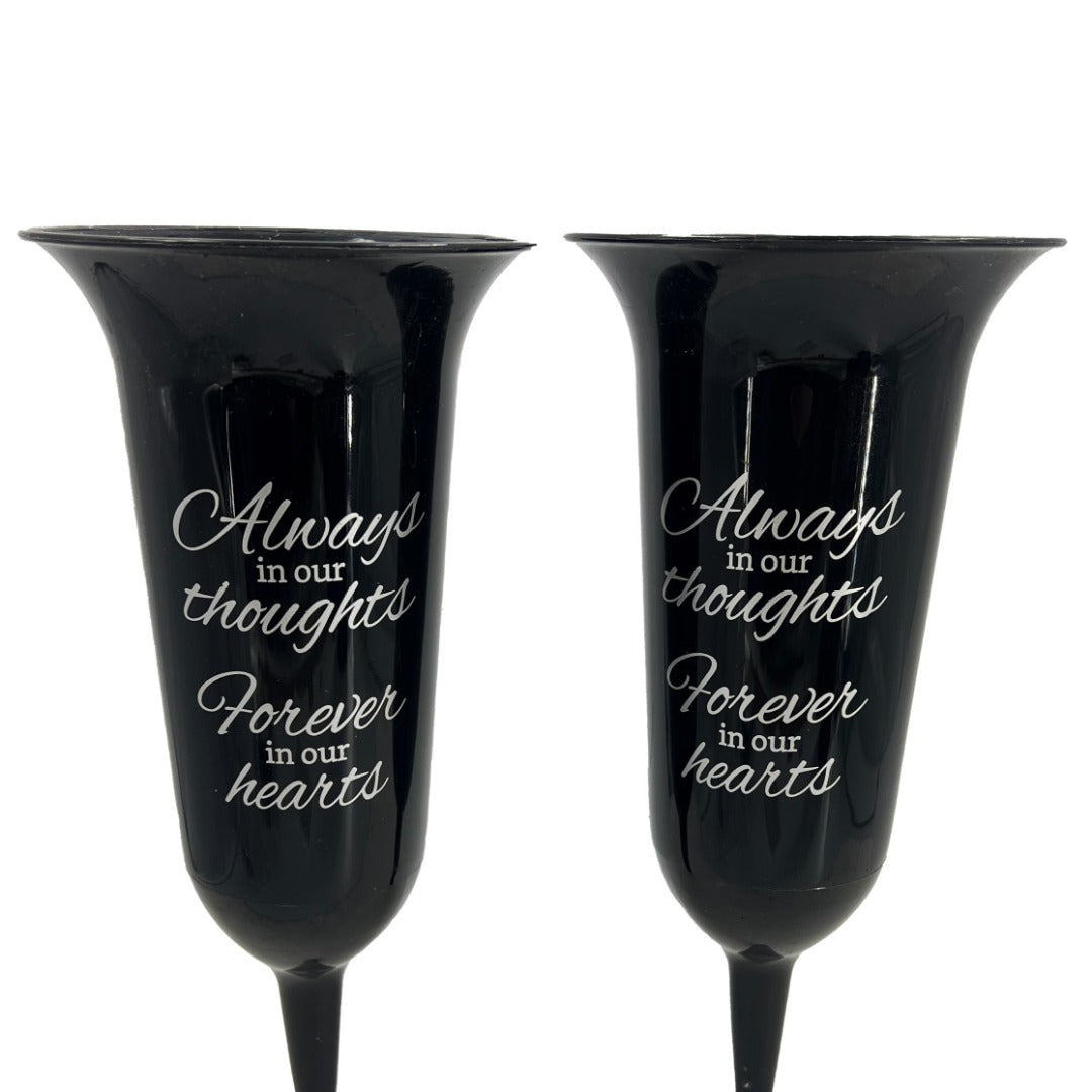 Set of 2 Black and Silver Forever in Our Hearts Fluted Spiked Memorial Grave Flower Vases