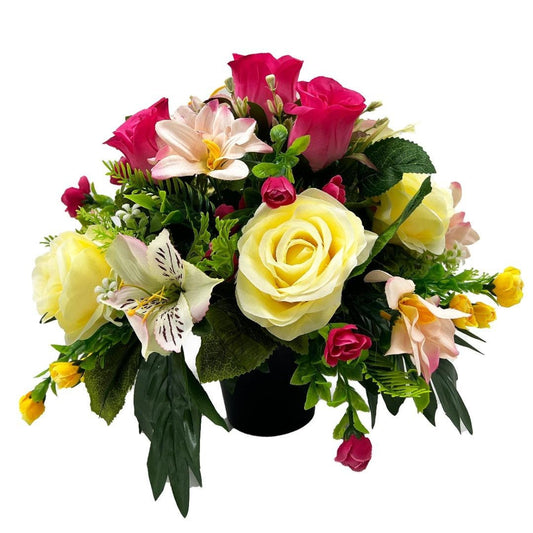 Shae Artificial Flower Graveside Pot Pink & Yellow Rose Cemetery Memorial