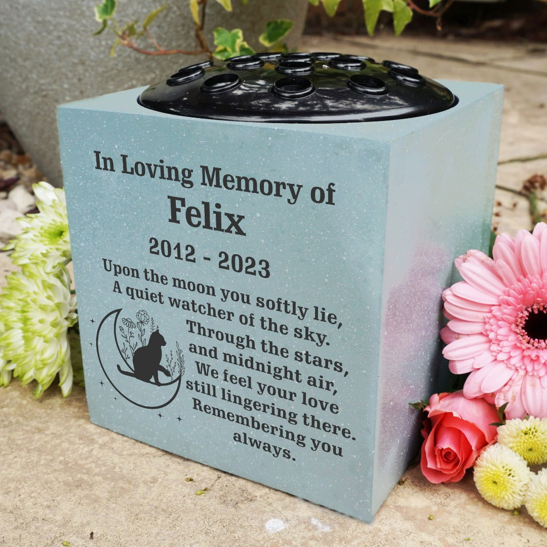 Grey Personalised Custom Pet Cat Moon and Stars Feline Memorial Grave Side Flower Vase Pot