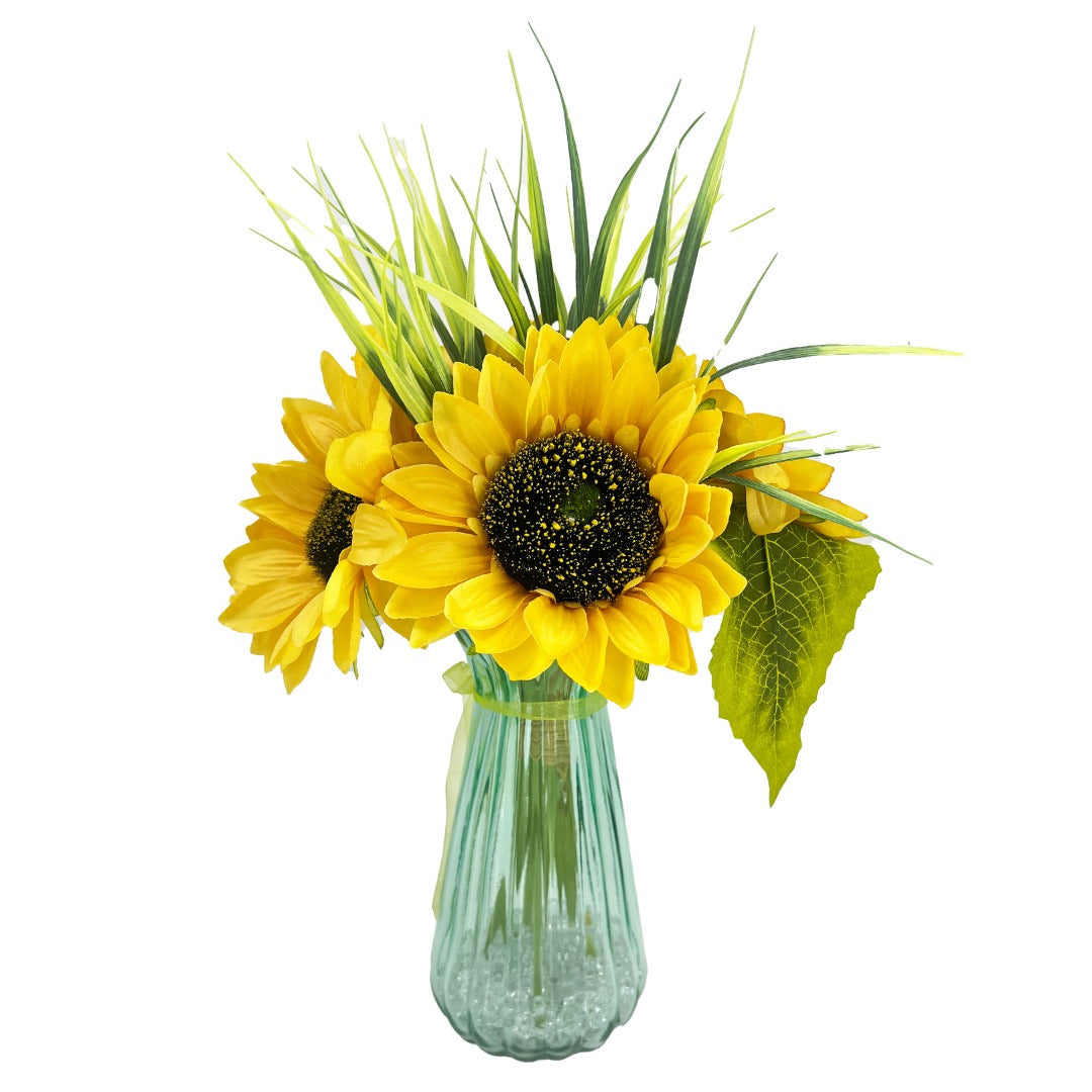 Helia Sunflower Artificial Flower Arrangement In Pretty Green Glass Vase (41cm) Home Decoration