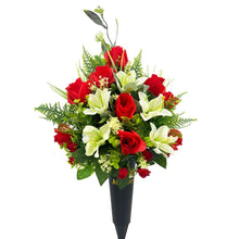 Load image into Gallery viewer, Roux Red White Rose Lily Memorial In Loving Memory Vase Artificial Flower Arrangement