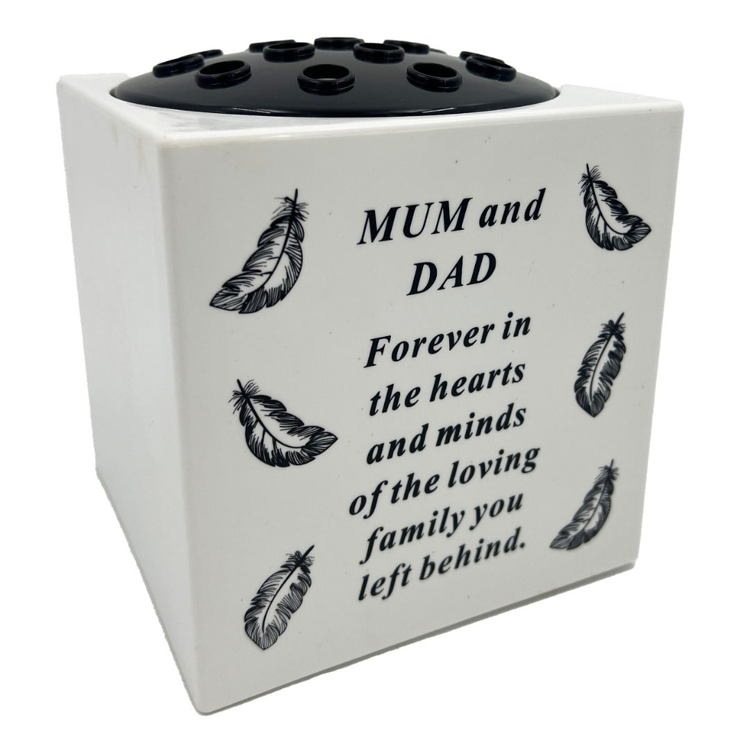 Special Mum and Dad Angel Feather Memorial Graveside Flower Vase Container White