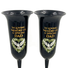 Load image into Gallery viewer, Set of 2 Special Dad Dove Love Heart Black and Bronzed Gold In Loving Memory Fluted Spiked Memorial Grave Cemetery Flower Vases Holders Containers Pots
