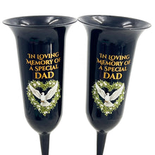 Load image into Gallery viewer, Set of 2 Special Dad Dove Love Heart Black and Bronzed Gold In Loving Memory Fluted Spiked Memorial Grave Cemetery Flower Vases Holders Containers Pots