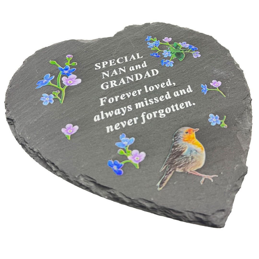 Special Nan and Grandad Graveside Memorial Robin Slate Love Heart Grave Plaque Stepping Stone Ornament Decoration