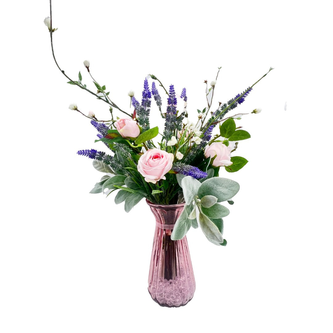 Pink Rose Bud Purple Lavender Artificial Flower Arrangement In Pretty Glass Vase Home Decoration