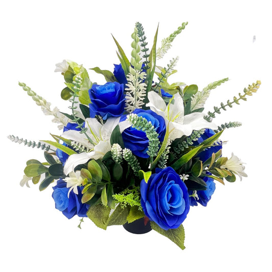 Polly Blue Rose White Lily Artificial Flower Graveside Cemetery Memorial Arrangement
