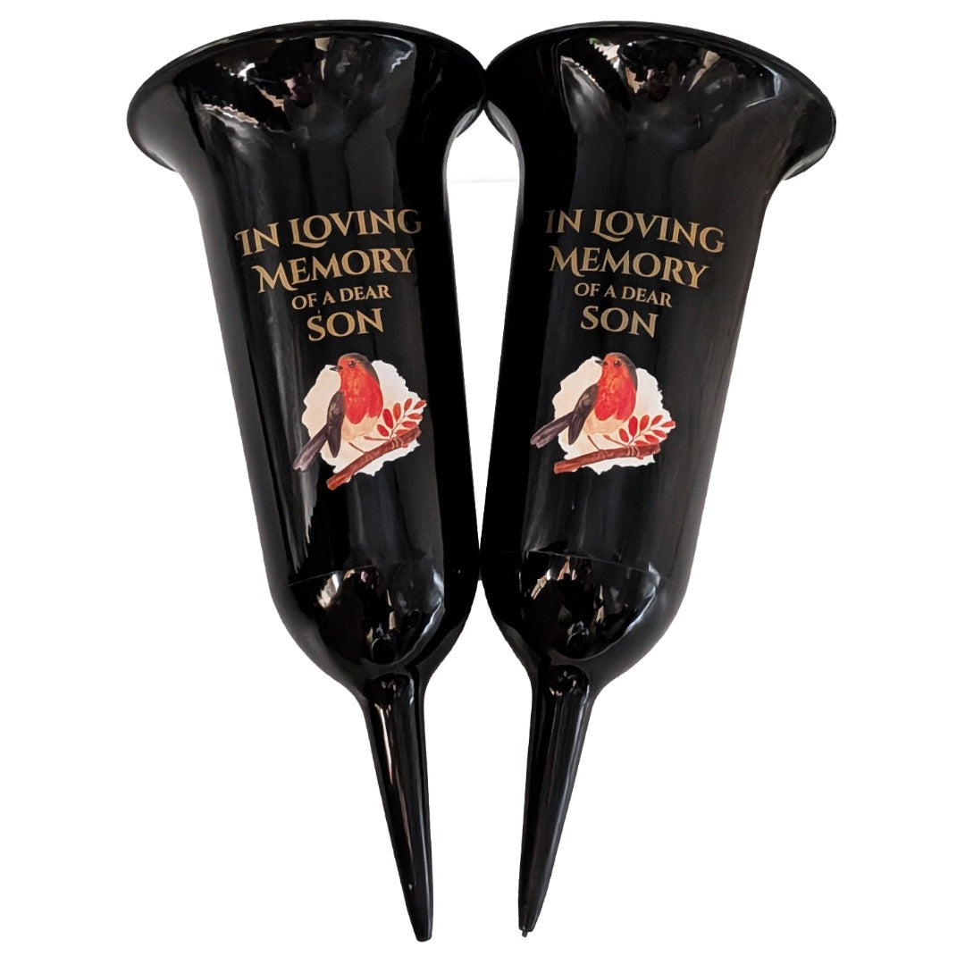 Set of 2 In Loving Memory Son Grave Vases ? Robin Memorial Cemetery Flower Holders with Spike ? Weatherproof Graveside Tribute