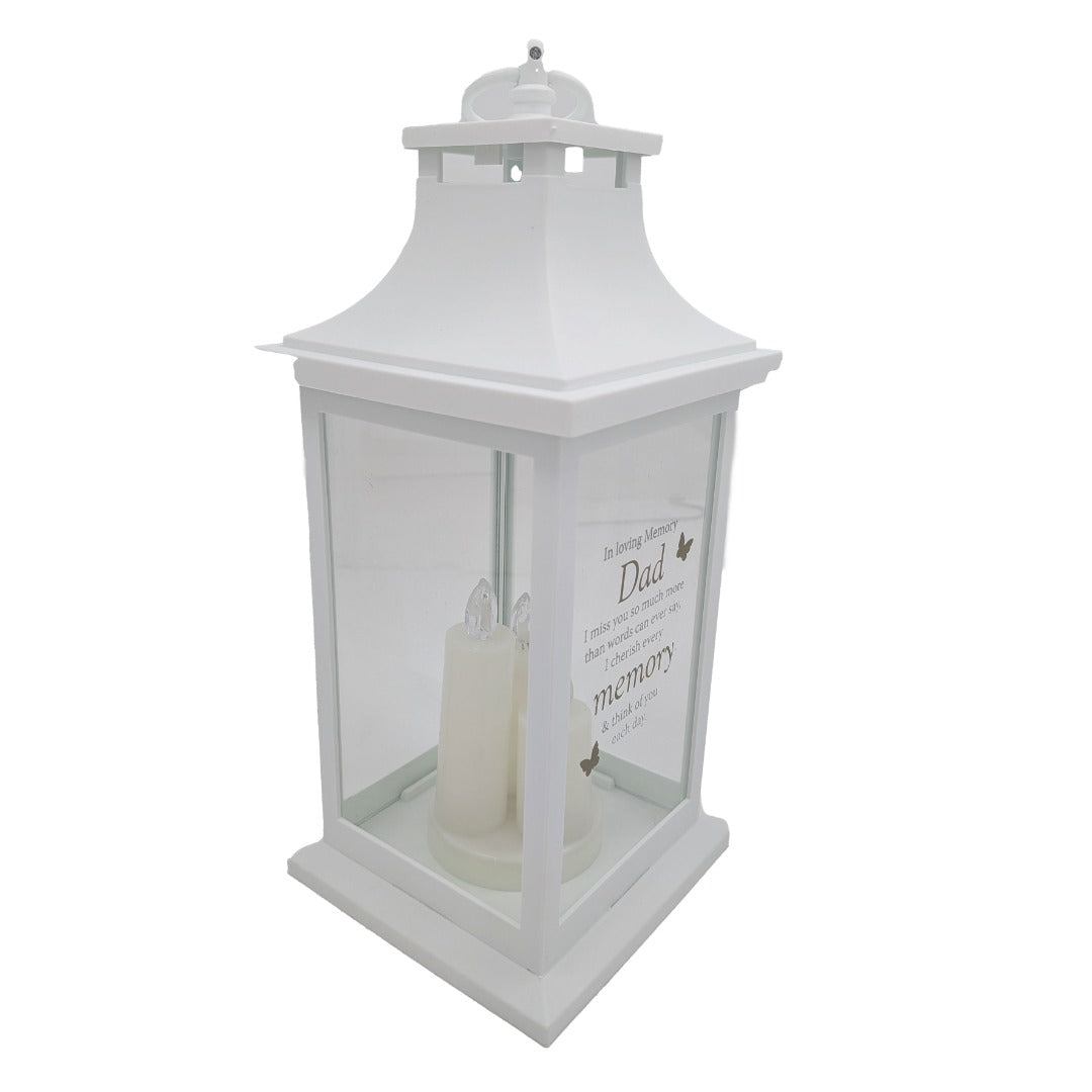 Dad Memorial LED Lantern In Loving Memory White Graveside Grave Memorial Light with 3 Candles & Butterflies