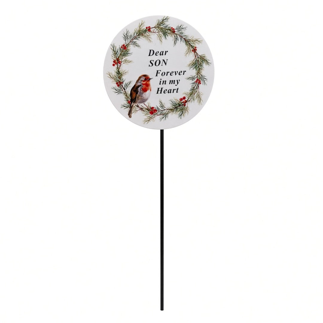 Son Memorial Garden Stake Christmas Wreath Robin Forever in My Heart Tribute Stick
