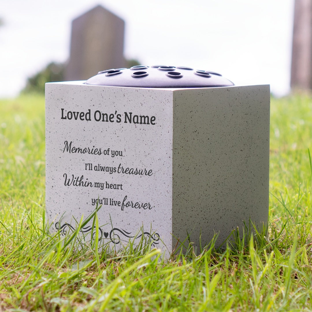 Handmade Personalised Treasured Memories Memorial Graveside White Flower Rose Bowl Vase Pot