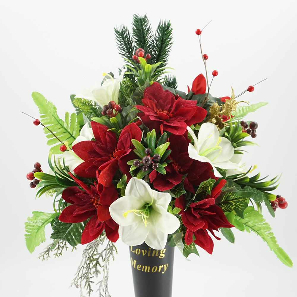 Bez Christmas red and white poinsettia flowers in an In Loving Memory spike vase front view