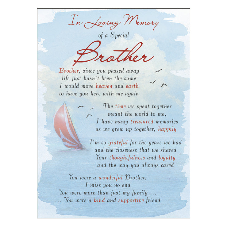 Special Brother Memorial Remembrance Verse Plastic Coated Card