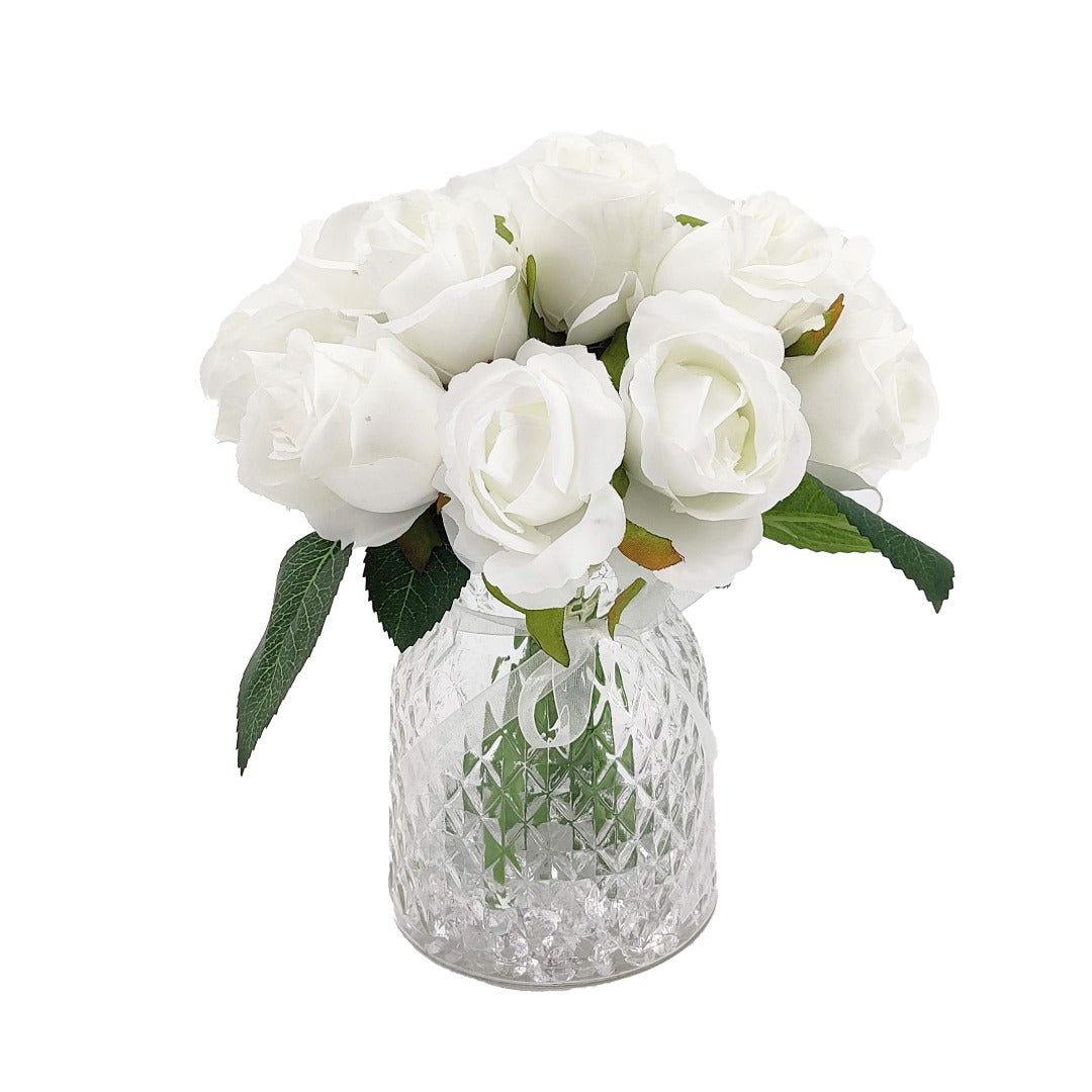 White Bud Rose Artificial Flower Arrangement In Pretty Textured Glass Vase