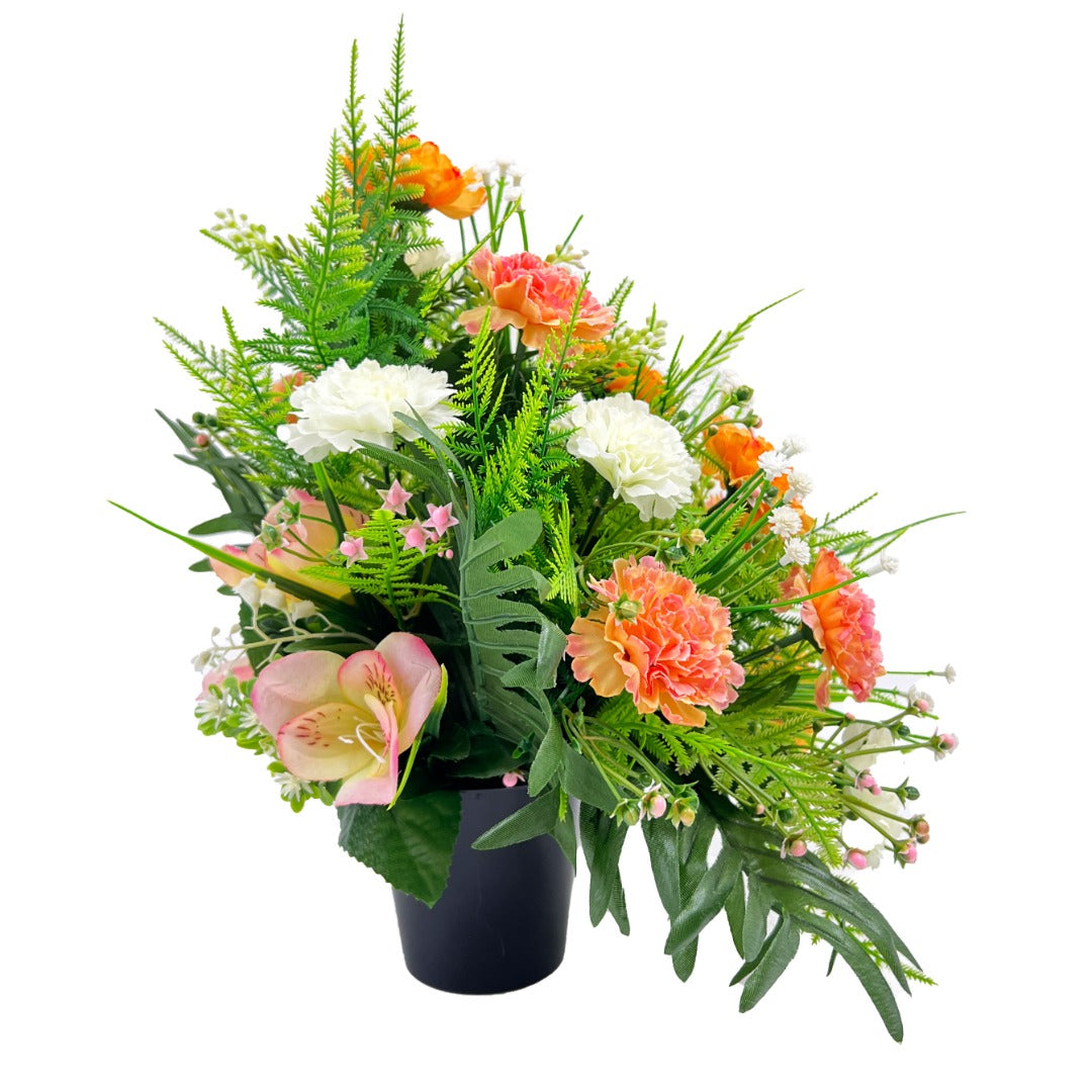 Willis orange and white carnation artificial grave flowers front view