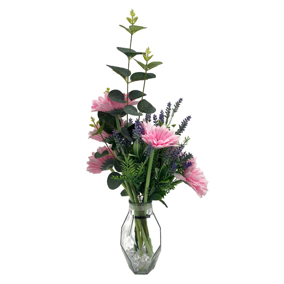 Pink Gerbera Artificial Flower Arrangement In Pretty Geometric Glass Vase (41cm)
