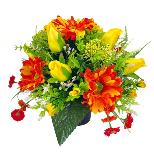 Thea Orange Yellow Rose Gerbera Artificial Flower Graveside Cemetery Memorial Arrangement