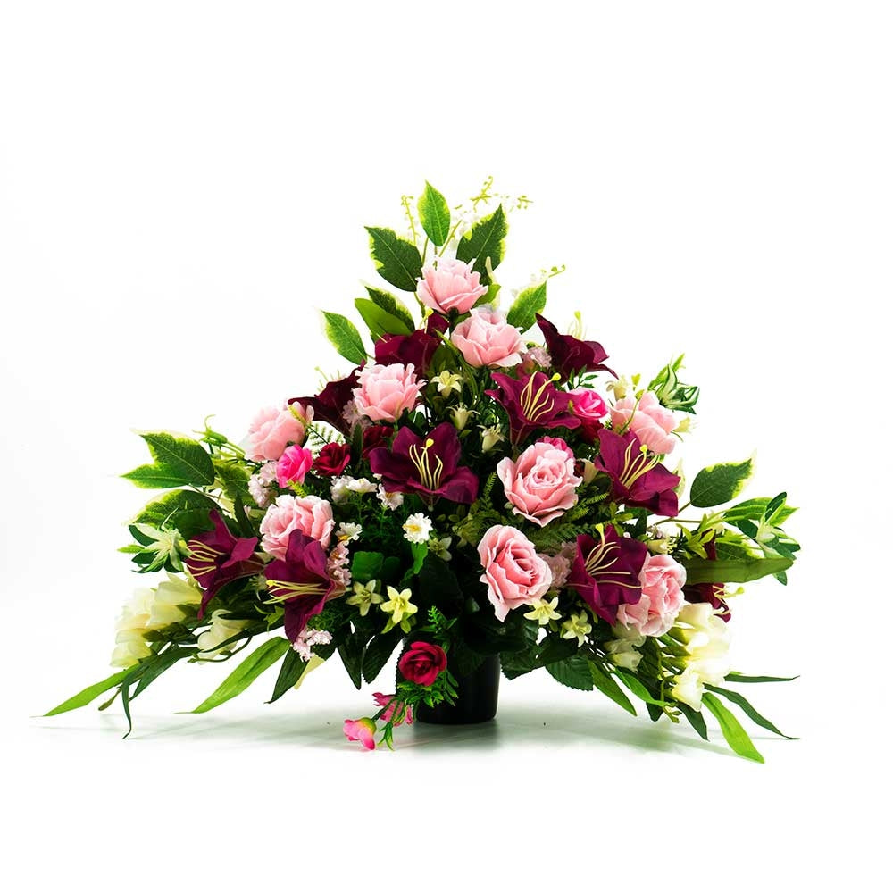 Darcie pink rose and deep purple lily artificial grave flowers