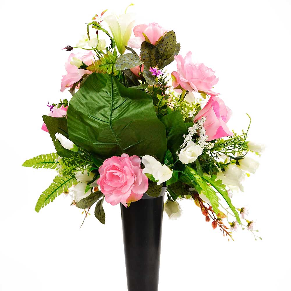 Lou pink rose and ivory lily artificial flowers in an In Loving Memory spike vase front view