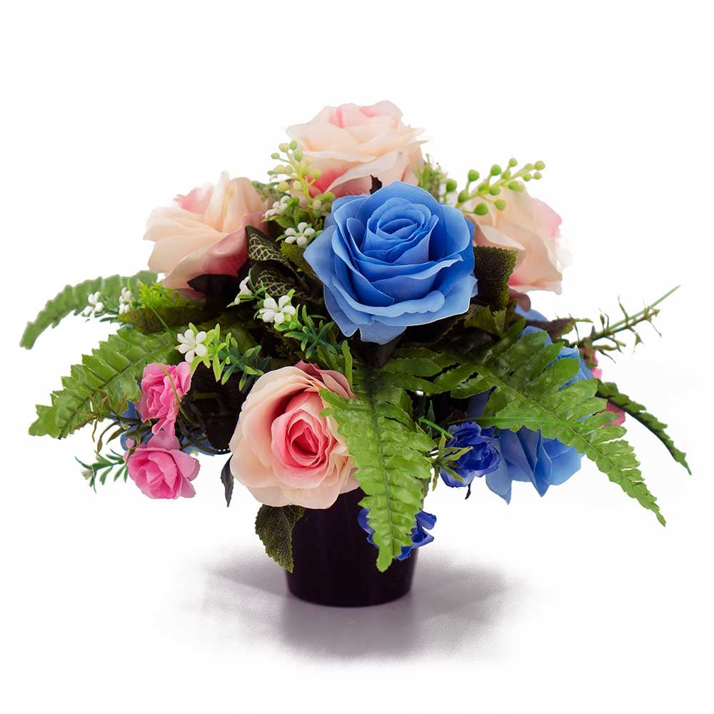 Wren blue and pink rose artificial grave flowers front view