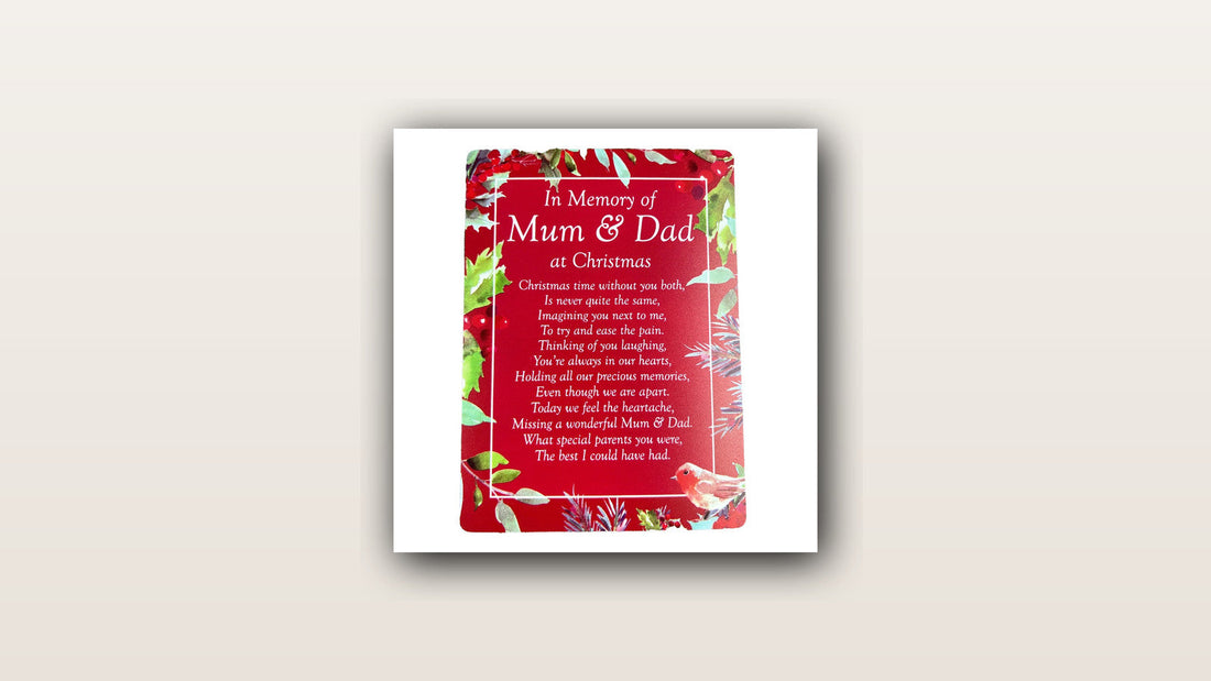 Mum and Dad Christmas robin memorial graveside card on a soft cream background