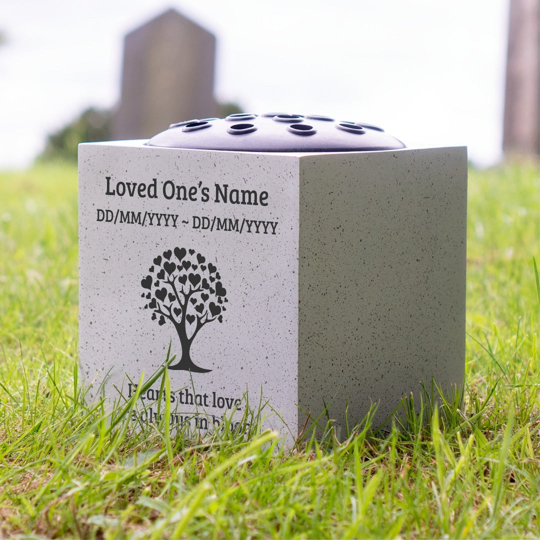 Personalised Memorial Vase - Hearts That Love Are Always in Bloom Graveside Flower Tribute